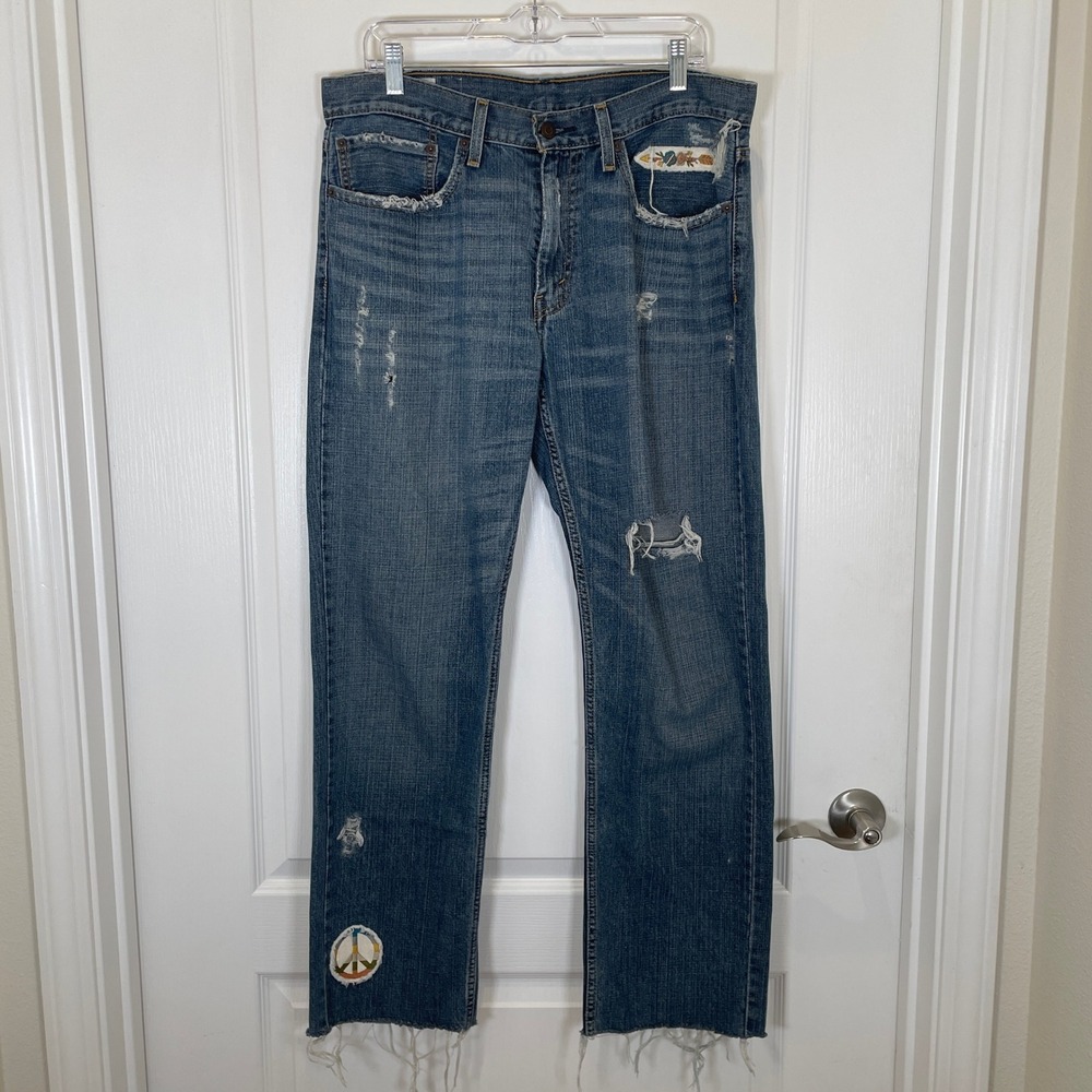 Levis 559 Relaxed Straight Upcycled Jeans Distressed Blue Patches W34 L32‎